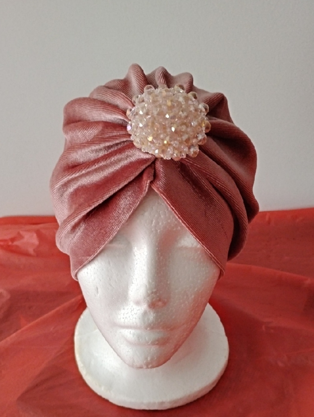 Velvet Turban Headwrap with Beaded Brooch - Dusty Rose